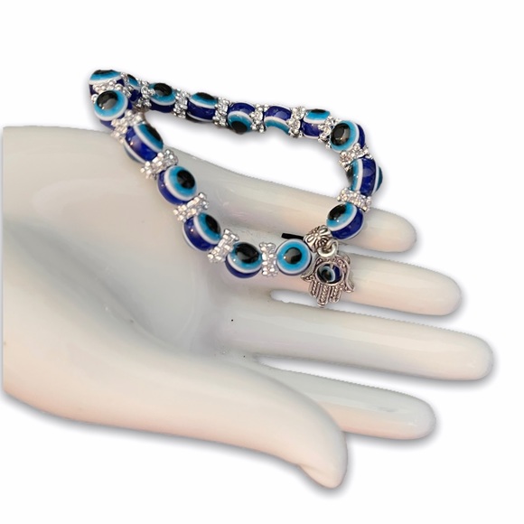 Size Small Blue Hamsa protection/luck bracelet 8mm - Picture 2 of 16